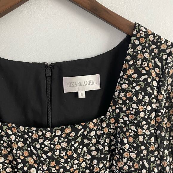 Mikael Aghal | Shirred Floral Print Chiffon Square Neck Mini Dress Long Sleeve 8 - Picture 8 of 12